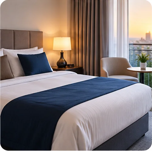 Modern hotel accommodation room arranged through travel booking assistance